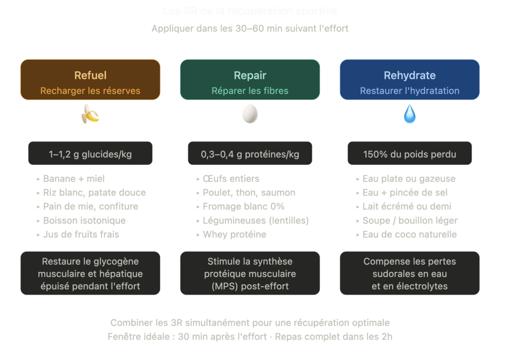INFOGRAPHIE : Les 3R de la récupération — Refuel / Repair / Rehydrate avec exemples d'aliments